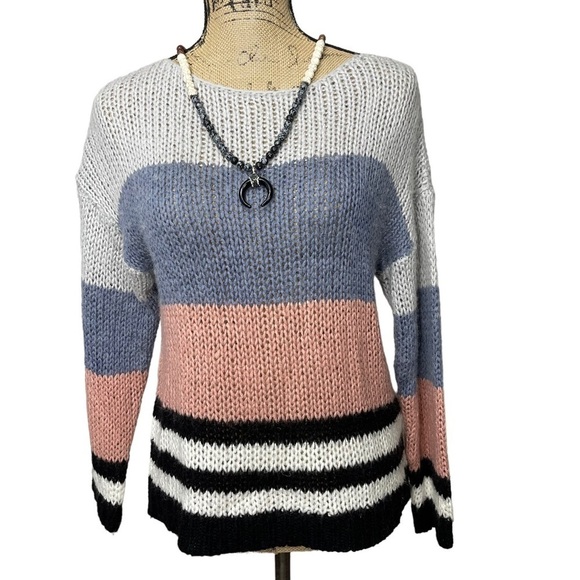 LUCKY Brand Bold Stripe Sweater Loose Knit Wool Blend - Picture 4 of 14
